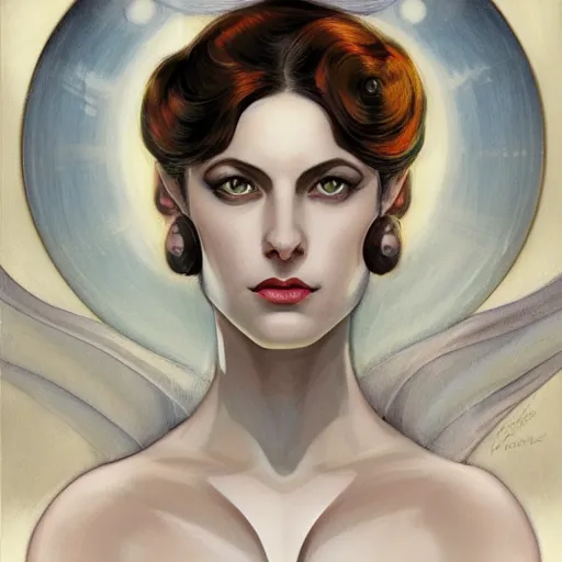 Image similar to a streamline moderne, art nouveau, multi - ethnic and multi - racial portrait in the style of charlie bowater, and in the style of donato giancola, and in the style of charles dulac. clear, expressive, very large eyes. symmetry, centered, ultrasharp focus, dramatic lighting, photorealistic digital painting, elegant, intricately detailed background.