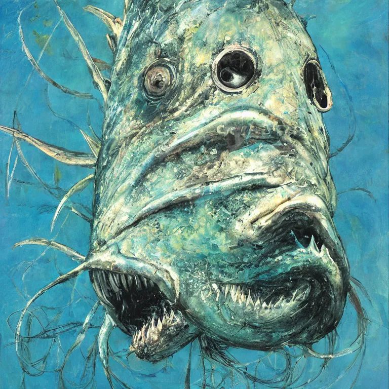 Image similar to Realistic Studio Photograph of a deep sea chimaera fish deep underwater, award-winning nature deep sea expressionistic impasto oil painting by Cy Twombly and Tim Hawkinson vivid colors hyperrealism 8k