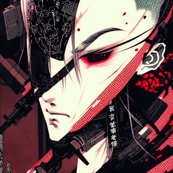 Image similar to a beautiful ukiyo painting of cyberpunk ninja, wearing cyberpunk streetwear, detailed close up portrait, concept art, by takato yamamoto, wlop, krenz cushart. cinematic dramatic atmosphere, sharp focus