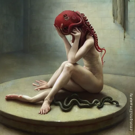 Image similar to a sad humanoid octopus girl with tentacles instead of limbs sitting on the floor, oil painting by Edgar Maxence and Ross Tran and Michael Whelan and greg rutkowski