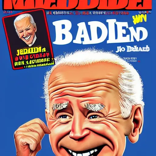 Prompt: caricature of Joe Biden on the cover of Mad Magazine, in the style of Alfred E. Neuman