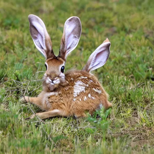 Prompt: baby jackalope asleep in a meadow