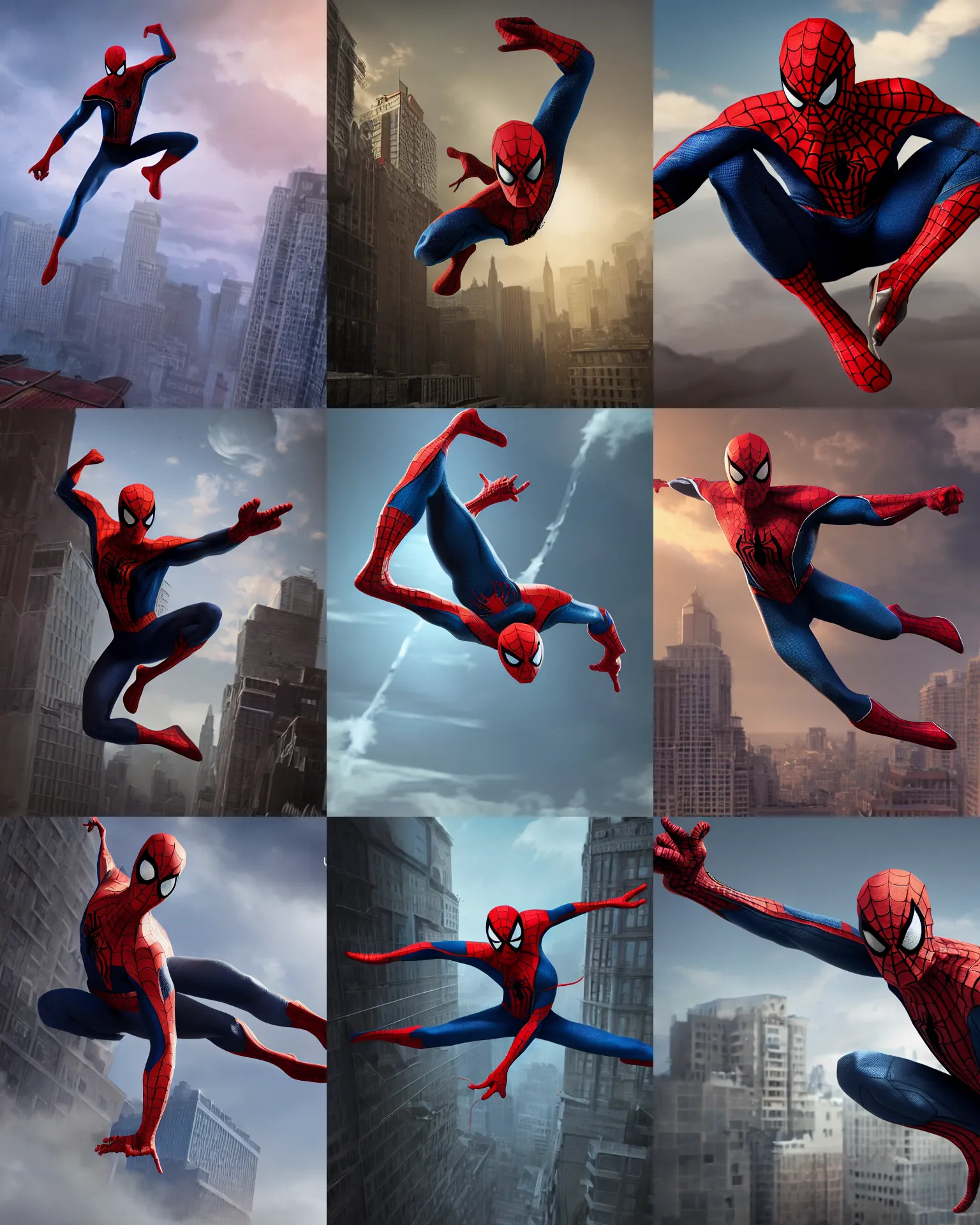 Prompt: matte painting character portrait of spider man swinging through the air doing an action pose, digital illustration, concept art, digital painting, illustration, amazing value control, 8 k, realistic colors, muted colors, dramatic lighting, ultra detailed, minimal artifacts, unreal engine 5, cinematic camera