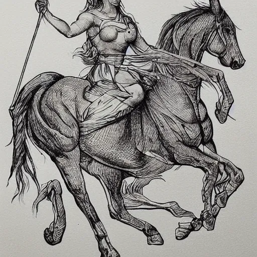Prompt: “8k ink drawing of Diana huntress, Horses in run, intricate in style of Michelangelo and Albrecht Durer, beautiful woodland, hand made paper”