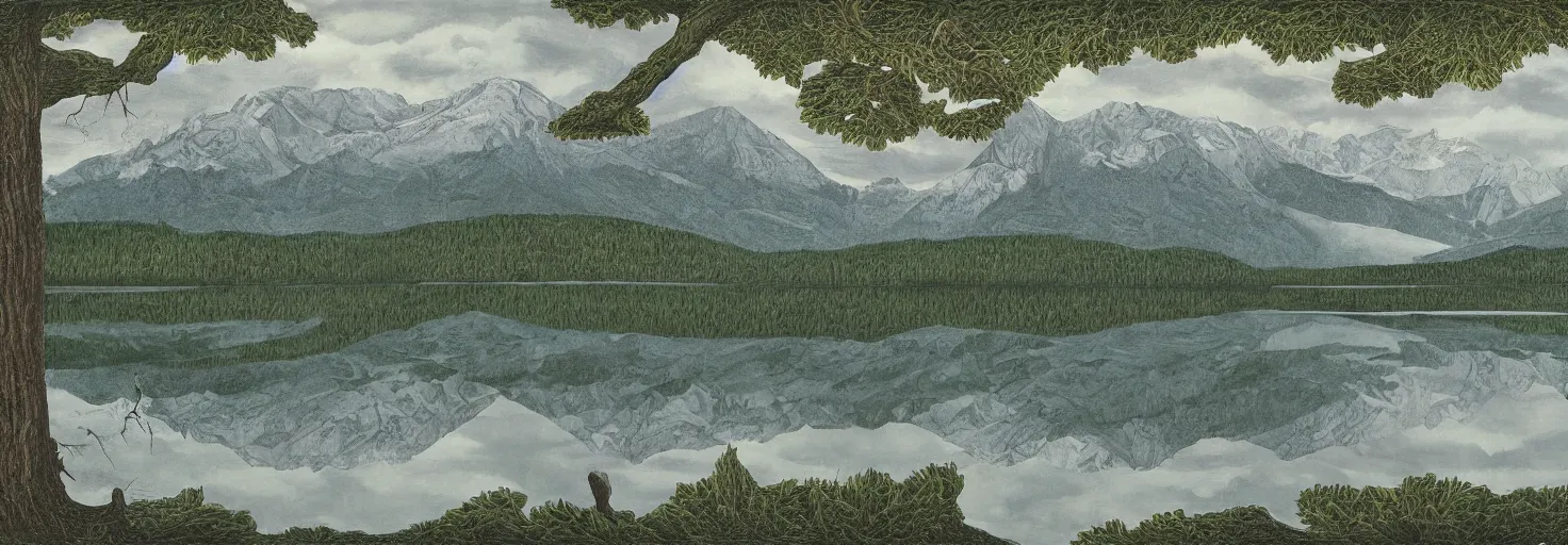 Image similar to escher painting of a lake, big trees reflecting on lake surface, mountains at background, snowy, ultra sharp, ultra detailed, colorized by salvador
