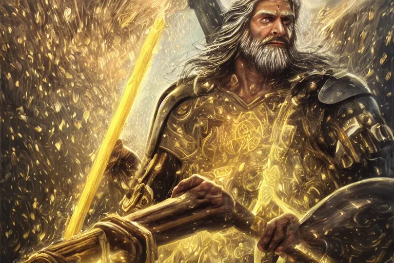 Image similar to mythological angry odin all father supreme God of thunder and smithing and artificial intelligence creating an artificial neural network with gold synapses on an anvil with his mighty hammer, high resolution, award winning art, trending on art station, sharp image, incredibly detailed, detailed character, realistic painting, hyperrealistic painting