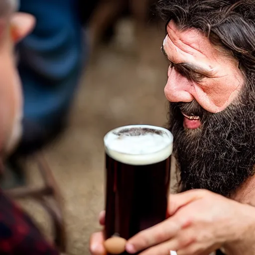Image similar to caveman drinking beer at a wedding in real life, realistic, hyper realistic, 8 k, 4 k uhd, great detail, detailed, intricate detail