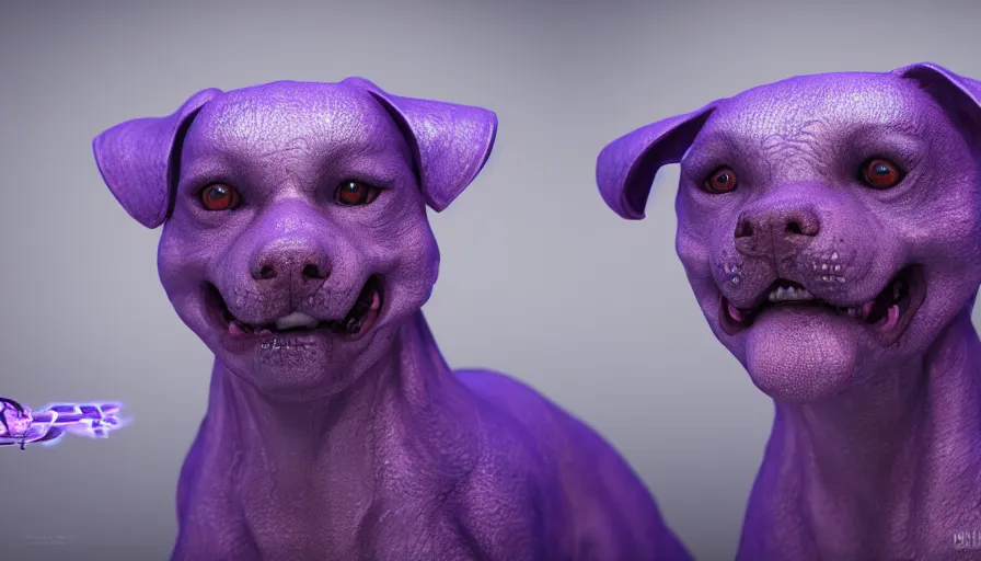 Image similar to purple electric dog, beautiful detailed face, ultra realistic, concept art, intricate details, serious, highly detailed, photorealistic, octane render, 8 k, unreal engine, airbrush, detailed oil painting.