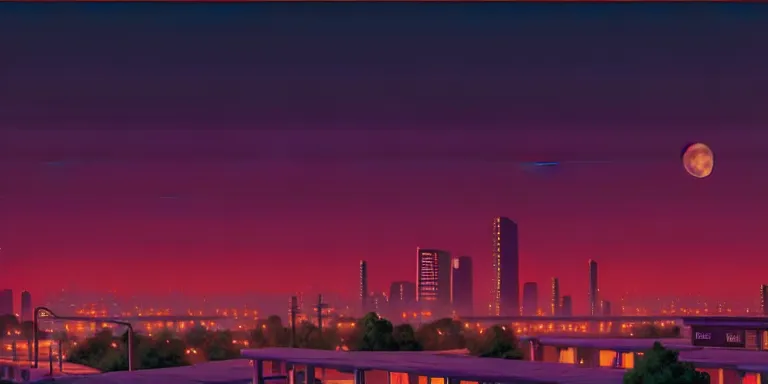 Image similar to an immaculate isometric cinematic keyframe matte painting of a sleek 1 9 7 0 s vaporwave rust belt city at dusk with an oversized moon. by eric lafforgue, glennray tutor and edward hopper, greg rutkowski. trending on artstation.