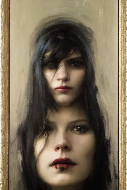 Prompt: Richard Schmid and Jeremy Lipking and Roberto Ferri full length portrait painting of a young beautiful evil fantasy priestess covered head in black except for face