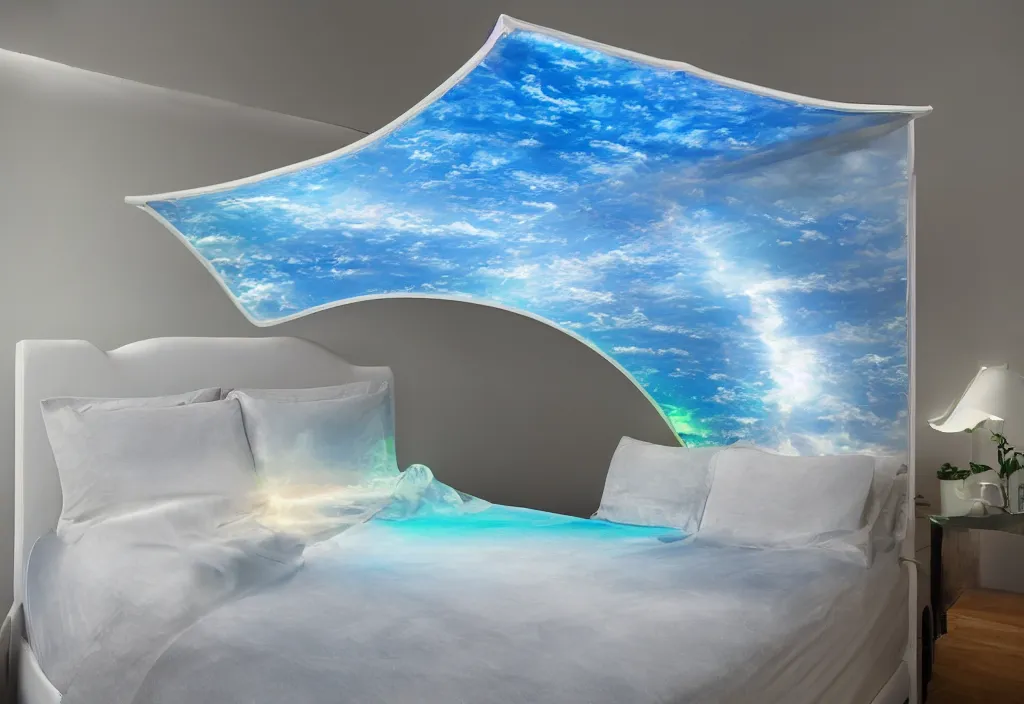 Image similar to curved translucent bedsheets projecting 3 d detailed florida storm holographic volumetric weathermap, pixel perfect photograph, high contrast, volumetric lighting, thin glowing lights, bedroom, visor, users, pair of keycards on table