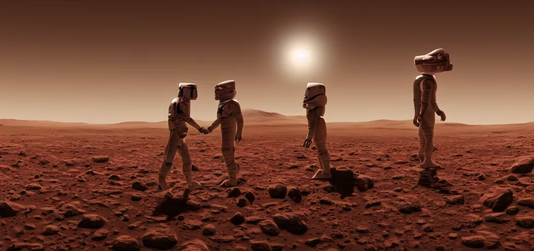 Image similar to a surreal painting of a primitive man meeting an astronaut on the surface of mars, volumetric lighting