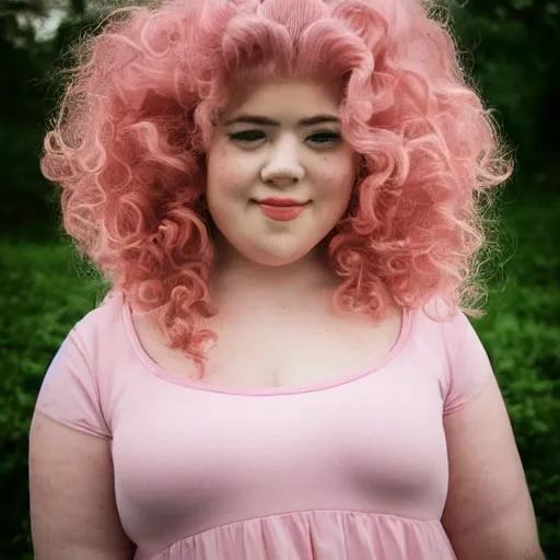 Prompt: dream a photograph of rose quartz from steven universe, portrait photography, 85mm, iso 400, focus mode, a kind expression, rosy chubby cheeks, detailed portrait, gigantic pink ringlets, huge curly pink hair, tight gigantic pink curls, warm features, a beautiful smile, bangs, plus size, white dress, gorgeous, kind features, beautiful woman, flattering photo, daylight