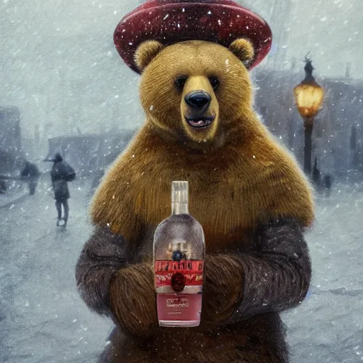 Image similar to smiling brown bear holding bottle of vodka and holding balalaika in colored hat in winter at streets of russian city, sharp focus, fantasy style, octane render, volumetric lighting, 8k high definition, by greg rutkowski, highly detailed, trending on art Station