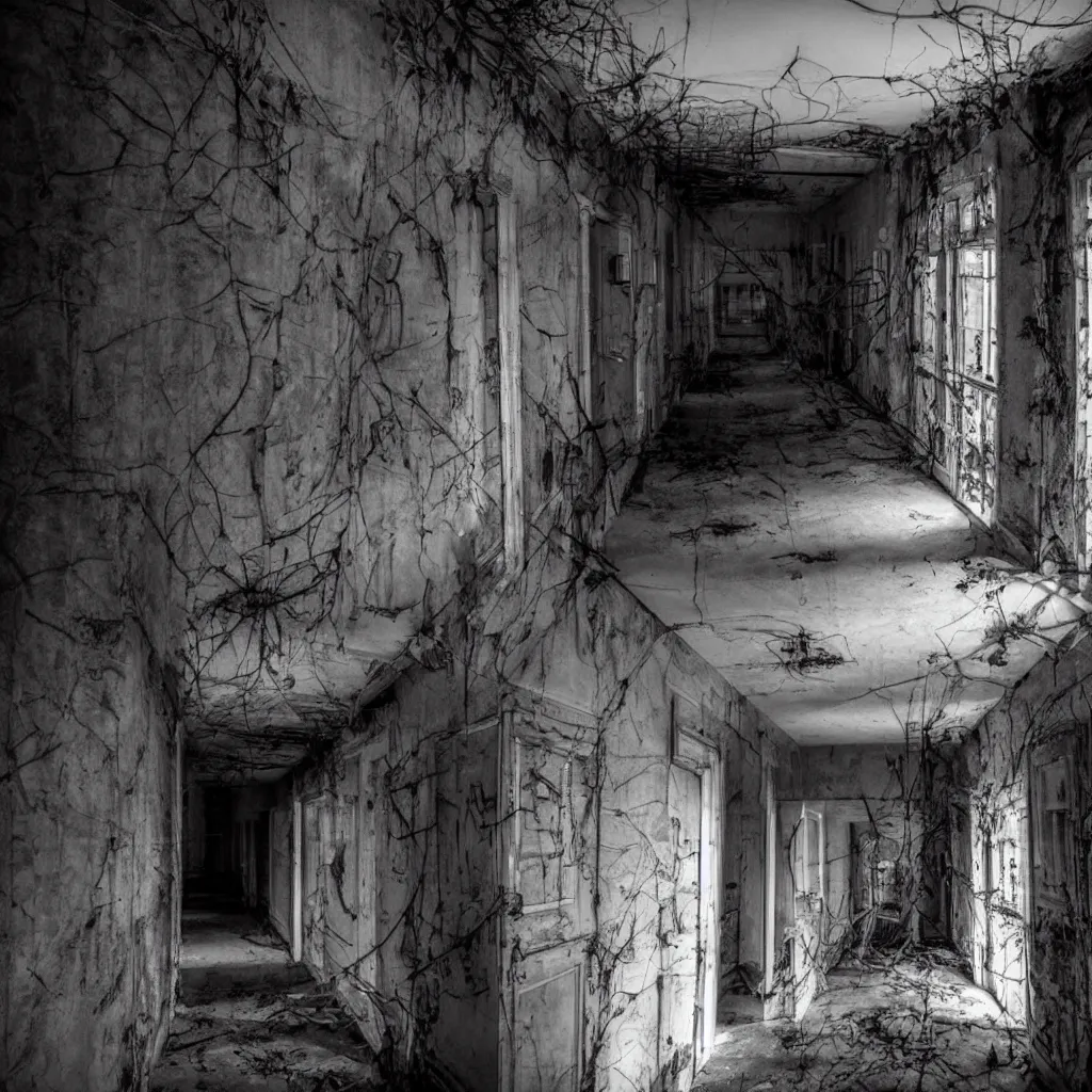 Prompt: exploring the inside of a haunted asylum, creepy, shadows, webs