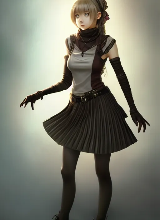 Image similar to portrait of a full body of beautiful young female detective, d & d, sleeveless turtleneck, pleated skirt, fantasy, flat lighting, intricate, highly detailed, digital painting, artstation, concept art, smooth, sharp focus, illustration, misa amane, art by simon bisley and greg rutkowski and alphonse mucha, natural tpose