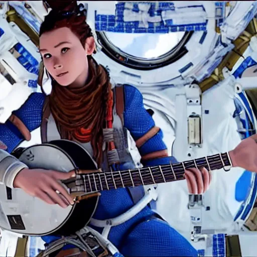 Image similar to aloy from the horizon zero dawn videogame playing the guitar in the international space station