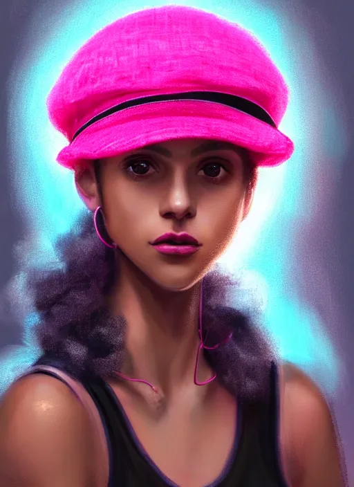 Image similar to portrait of teenage vanessa morgan with bright pink hair, black girl, curly pixie cut hair, wearing newsboy cap, pink short haircut, newsboy cap, hoop earrings, blue eyes, intricate, elegant, glowing lights, highly detailed, digital painting, artstation, concept art, smooth, sharp focus, illustration, art by wlop, mars ravelo and greg rutkowski