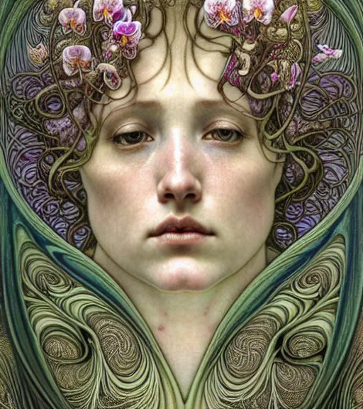 Image similar to beautiful orchid fairy detailed realistic porcelain face portrait by jean delville, alphonse mucha, iris van herpen and marco mazzoni, art forms of nature by ernst haeckel, art nouveau, symbolist, visionary, gothic, neo - gothic, pre - raphaelite, fractal lace, intricate alien botanical biodiversity, surreality, hyperdetailed ultrasharp octane render