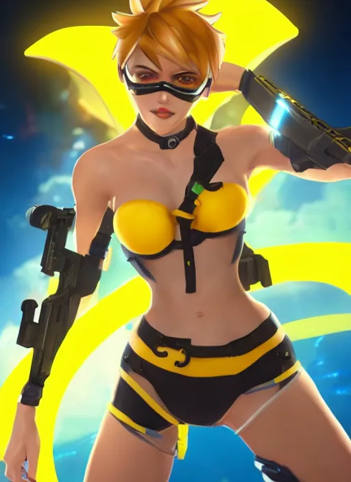 Image similar to tracer game character, in yellow bikini, blonde hair, black eyes, full height