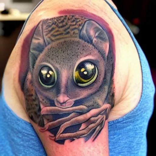 Prompt: shoulder tattoo of a bushbaby in multicolored