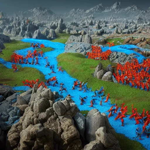 Image similar to hundreds of blue smurfs fighting hundreds of red smurfs with medieval weapons battling on an epic battlefield with a desolate rocky plateau, moon shining golden light, miniaturecore, supremely digital, medieval, pixar render, super detailed, outstanding detail, dreamlike lighting, god rays