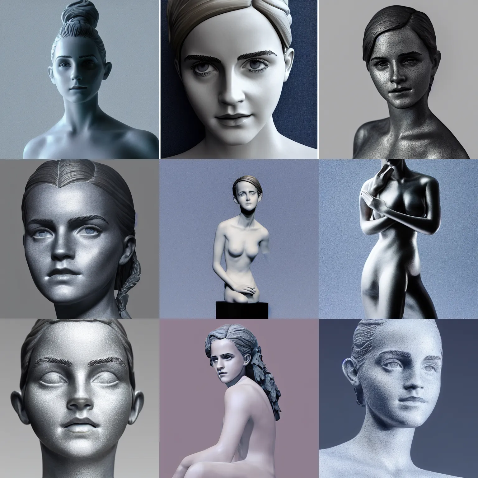 Prompt: ( statue the perfect woman ) designed by emma watson, studio photo, white backdrop, studio light, solid works, octane render, macro shot, in focus, dept of field, silver, blue, black design