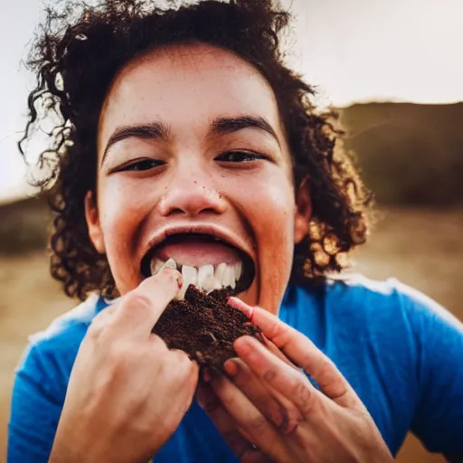 Prompt: photo of an extremely happy person eating dirt