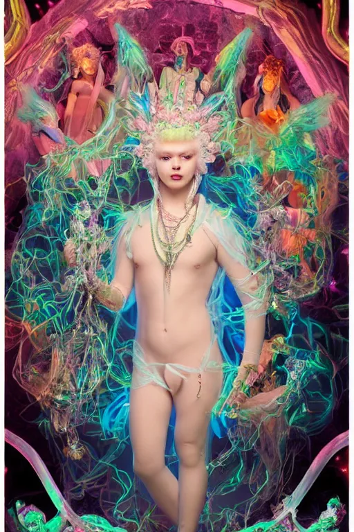 Image similar to full-body rococo and cyberpunk delicate neon crystalline sculpture of ((young muscular blue albino Colombian prince)) as an iridescent humanoid deity wearing ((peach plastic hooded cloak)) (holding a human skull) in a white castle dungeon, reclining, glowing pink face, crown of (pink lasers), large blue diamonds, swirling black silk fabric. futuristic elements. oozing glowing liquid, full-length view. space robots. intricate artwork by caravaggio. Trending on artstation, octane render, cinematic lighting from the right, hyper realism, octane render, 8k, depth of field, 3D