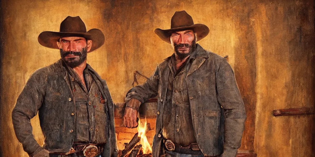 Prompt: in an old west cabin, close up shot a rugged, Dave Bautista cowboy standing at his fireplace, in the style of Fredrick Remington, oil painting