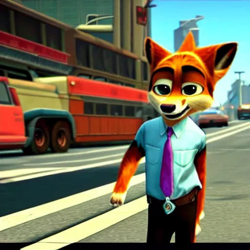 Image similar to Screenshot from the original Grand Theft Auto III featuring Nick Wilde (from Zootopia)