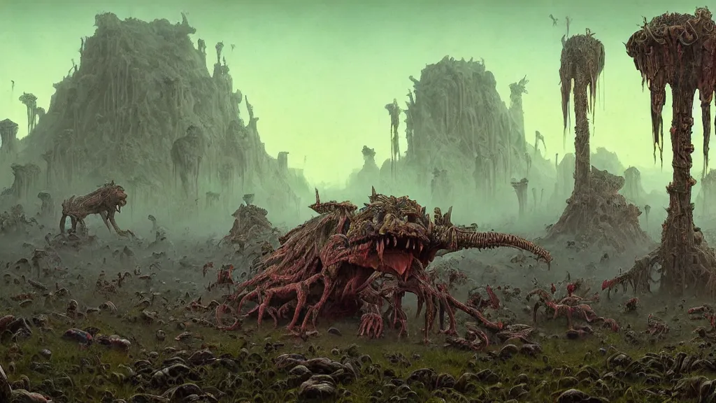 Image similar to the ancient manifestation of evil in a sea of rabid dogs, intricate, detailed, volumetric lighting, sharp focus, scenery, photorealism, digital painting, highly detailed, concept art, by roger dean and simon stalenhag and mark brooks