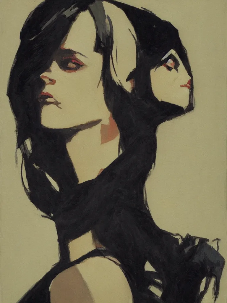 Image similar to portrait profile of one mysterious dark beautiful women in 1 9 7 8, oil painting by john watkiss