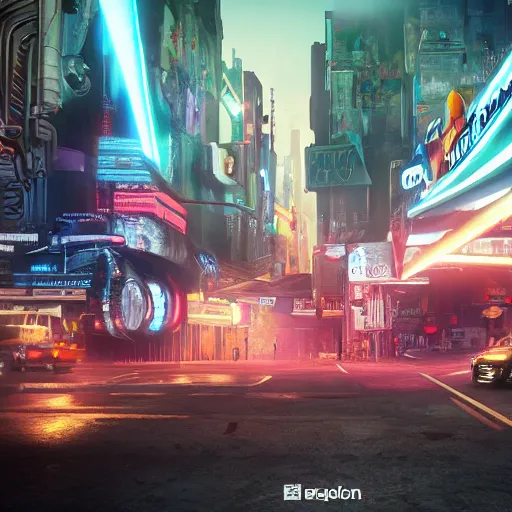 Image similar to a 3 d rendered in unreal engine guatemalan cyberpunk city with neon ads and signs with evocative dramatic mood with blade runner vibe with cars with motion blur with depth of field with bloom with lightshaft with volumetric lights, fog, by scott robertson, oscar winning graphics, photo realistic, bloom, imax, dynamic lighting, artstation,