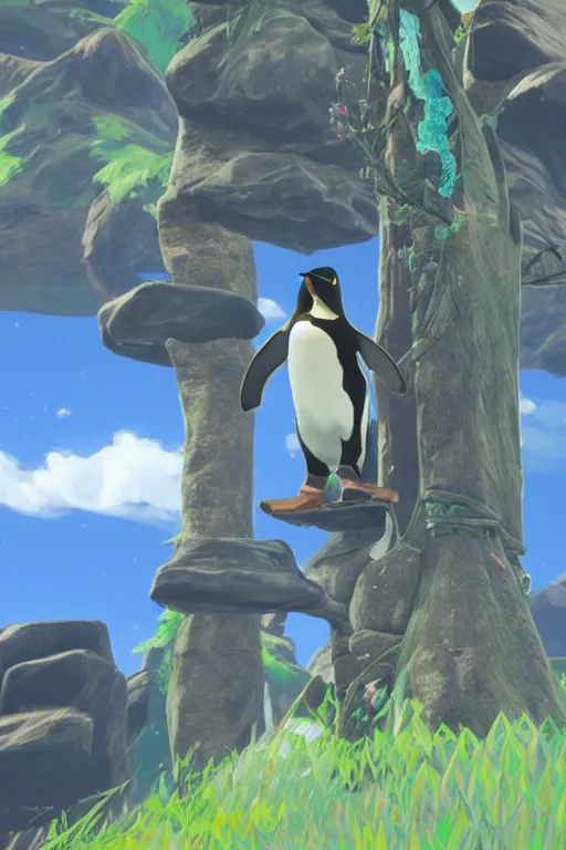 Prompt: in game footage of a penguin from the legend of zelda breath of the wild climbing q tree, breath of the wild art style.