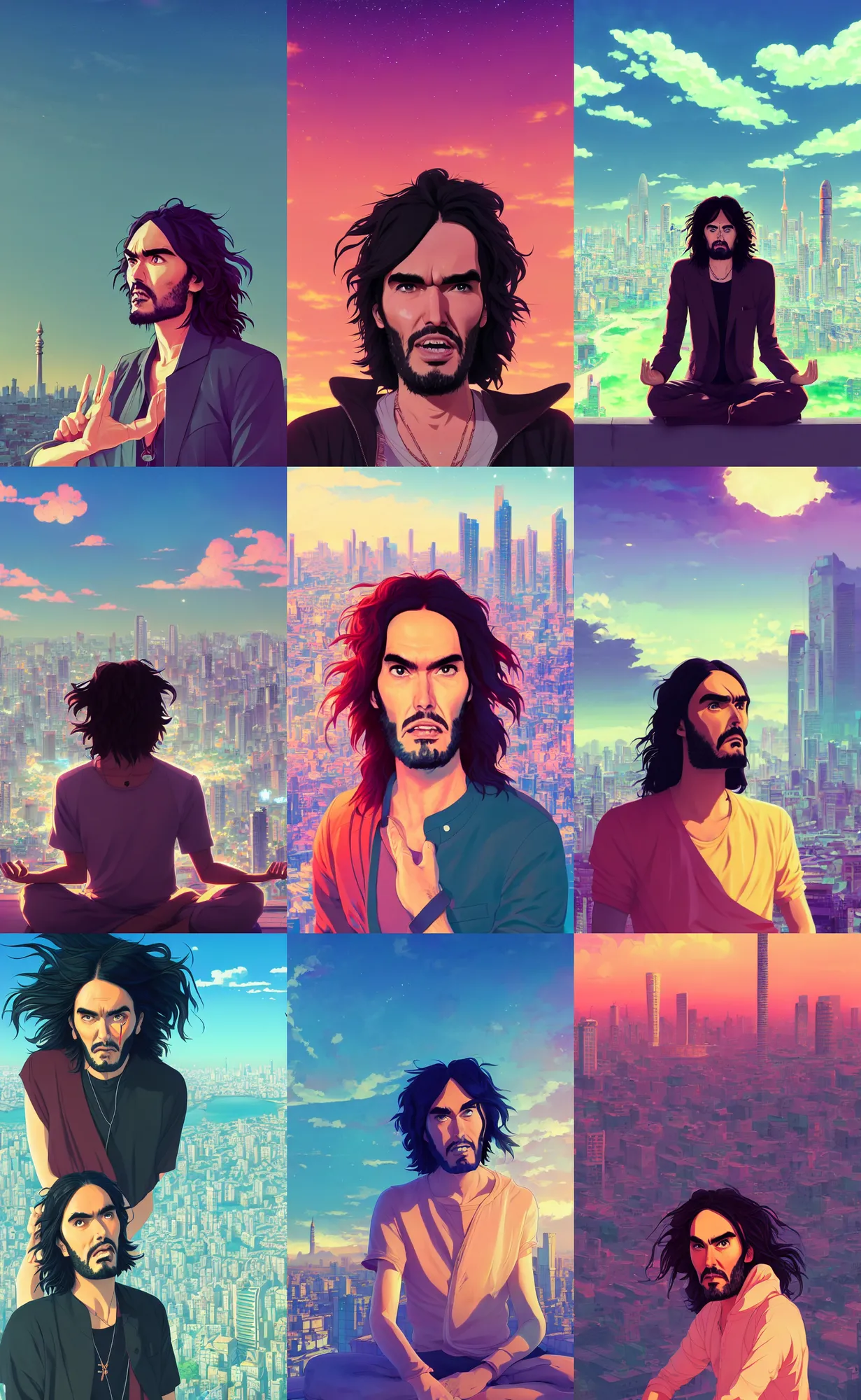 Prompt: ⁠portrait of Russell Brand meditating, Karachi skyline background, rich vivid colors, ambient lighting, dynamic lighting, 4k, HQ, official media, anime key visual, makoto shinkai, ilya kuvshinov, lois van baarle, rossdraws, detailed, trending on artstation