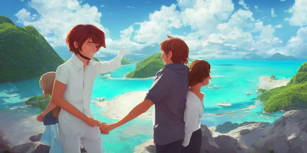 Prompt: a beautiful couple holding their hands on a cloud above emerald lagoon of Sint-Marteen with a marshall speaker with visible music coming from, CLOUD9 is written under the illustration, mattepainting concept Blizzard pixar maya engine on stylized background global illumination lighting artstation  lois van baarle, ilya kuvshinov, rossdraws