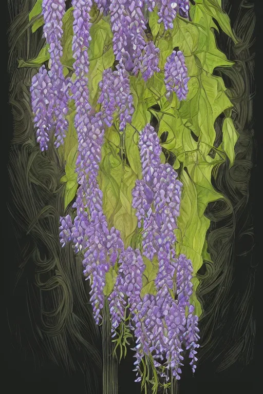 Prompt: Art Nouveau Wisteria plant isolated on a black background, D&D, fantasy, highly detailed, digital painting, artstation, concept art, sharp focus, illustration, art by artgerm and greg rutkowski and alphonse mucha