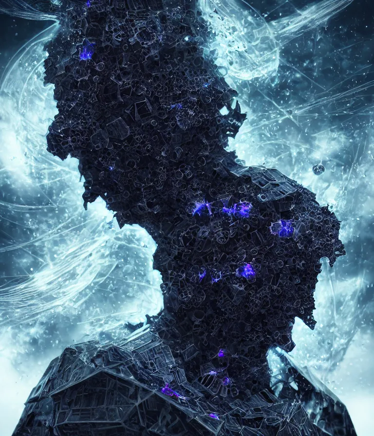 Image similar to impressive ominous front!! shot photo of a court jester character fine portrait fine portrait mesmerizing fractal hyper cubes platinum cracked dark future hyper dimensional space galactic crystal nebula edges elegant detailed intricate concept artstation sharp focus ray tracing cinematic masterpiece temporal corruption beeple wlop germ 8 4 k scifi glossy hyper realistic illustration canon eos r 3 fujifilm x - t 3 0 sony alpha a 6 6 0 0