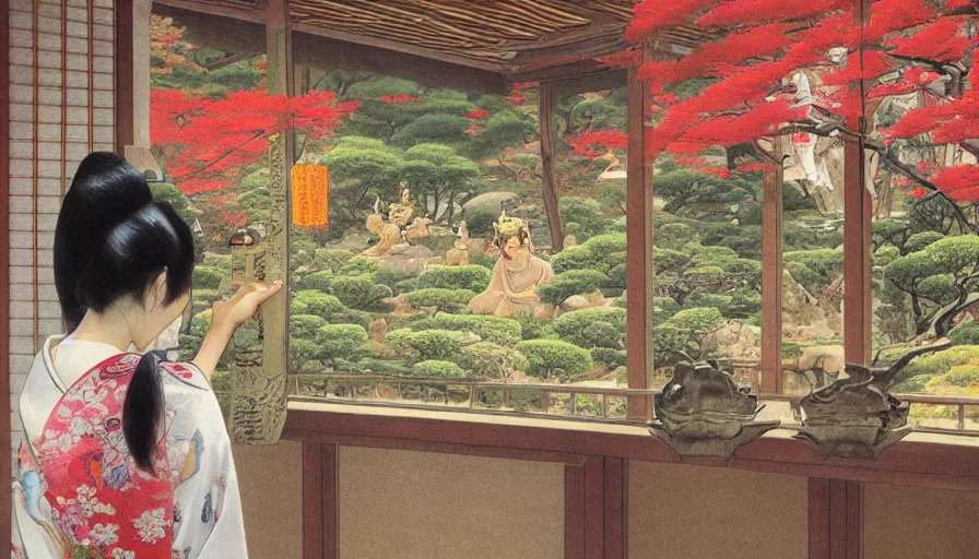 Image similar to painting of a beautiful girl in japan, looking out a window at a temple garden filled with yokai and spirits, uhd, high detail, by noriyoshi ohrai
