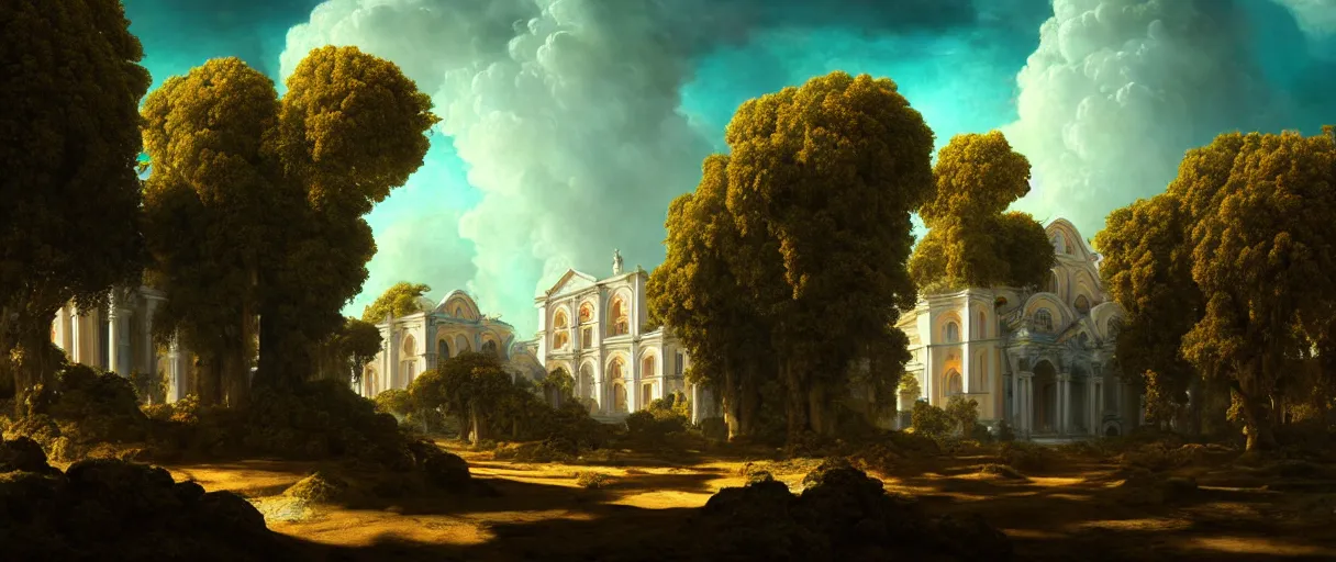 Image similar to hyperrealistic hyper detailed day shot of neo-rococo monastery on jupiter surrounded by giant blue trees matte painting concept art maciej kuciara gustave courbet cinematic orange lighting low angle hd 8k sharp shallow depth of field