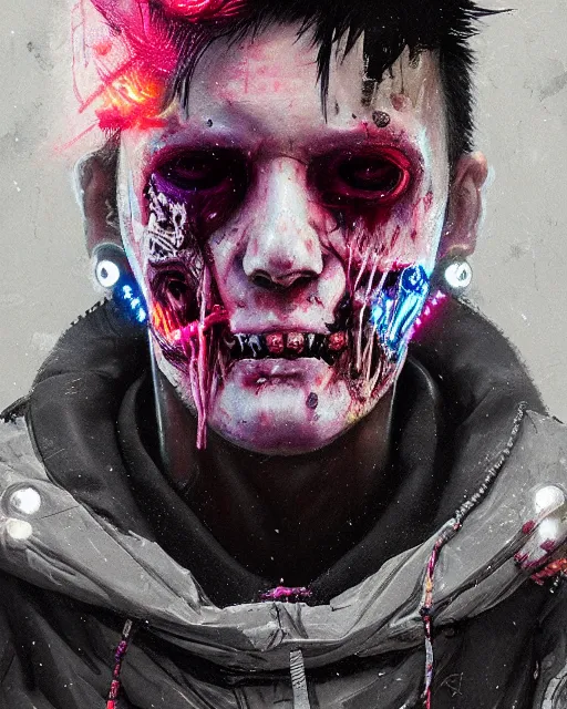 Image similar to detailed portrait zombie, cyberpunk futuristic neon, reflective puffy coat, decorated with traditional Japanese ornaments by Ismail inceoglu dragan bibin hans thoma greg rutkowski Alexandros Pyromallis Nekro Rene Maritte Illustrated, Perfect face, fine details, realistic shaded, fine-face, pretty face