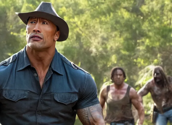 Image similar to film still of dwayne the rock johnson as rick grimes wearing a hat in the new walking dead tv series, 4 k