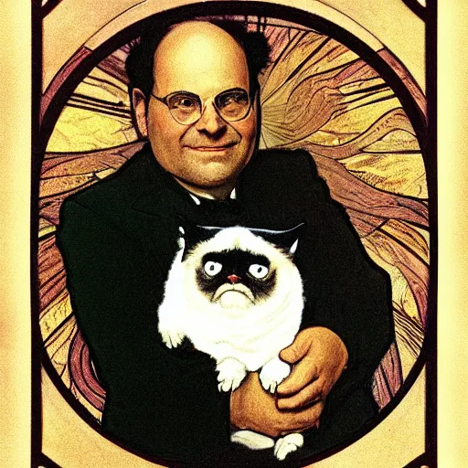 Image similar to “ portrait of george costanza from seinfeld holding grumpy cat, art nouveau, summer of george, by alphonse mucha ”