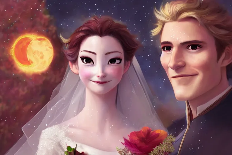 Image similar to a cinematic portrait of wedding photograph jpeg close up moment of a divine a japan sun god and moon goddess lovers magician at a wedding banquet. portraiture. digital painting. artstation. concept art. wedding photo. illustration. frozen ii art masterpiece by art by krenz cushart