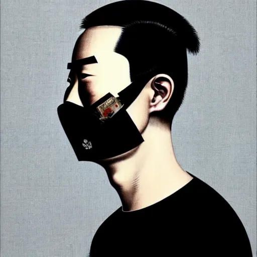 Image similar to portrait of a chinese man :: side profile :: oxygen mask :: clockwork implant :: intricate details :: 8k :: by vikings and Sandra Chevrier