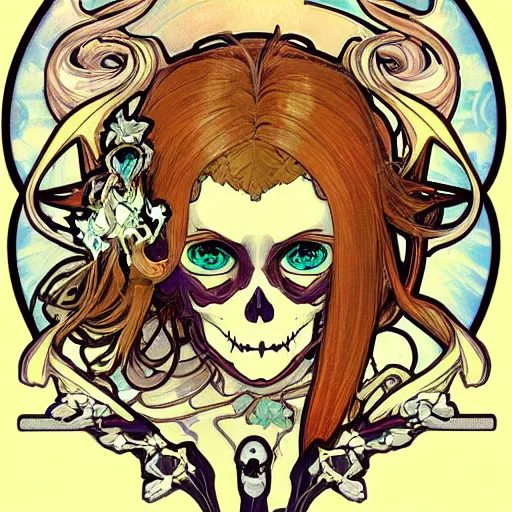 Image similar to anime manga skull portrait angel angelic cartoon skeleton illustration style by Alphonse Mucha pop art nouveau