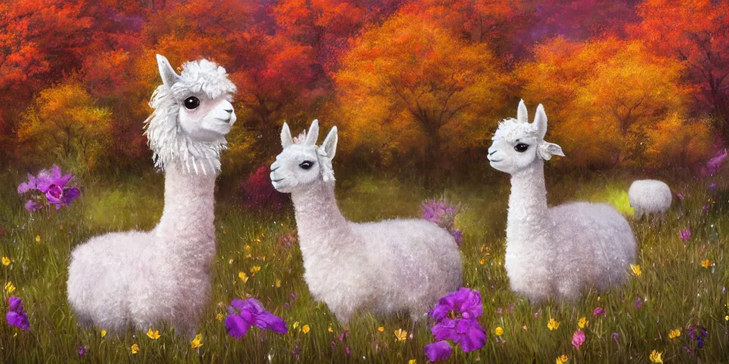 Prompt: detailed fairy alpacas in an autumn meadow, fantasy, vibrant, butterfly wings, 8 k, high quality, oil painting, digital art, trending on artstation