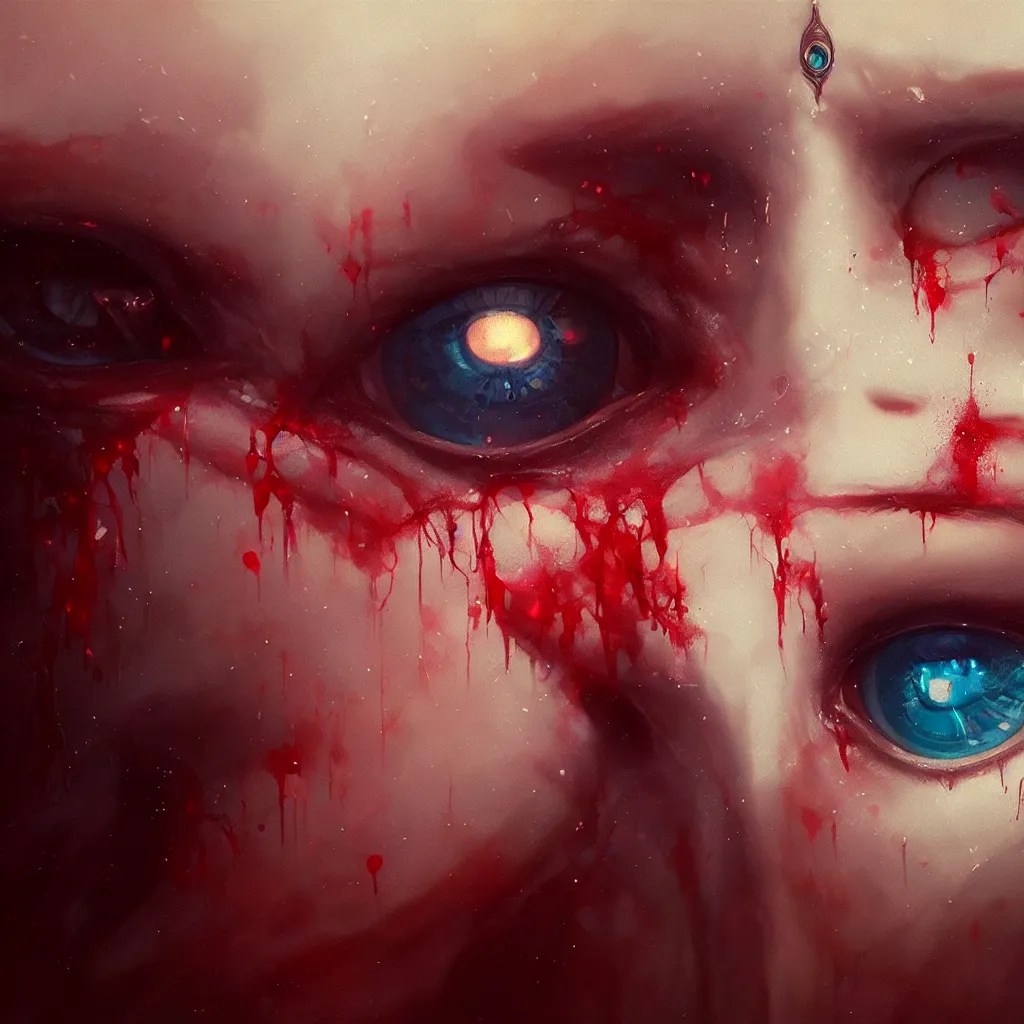 Image similar to beautiful very extreme closeup eyes, many eyes, tears, blood vain, unreal engine, greg rutkowski, loish, rhads, beeple, tom bagshaw, alphonse mucha, global illumination, detailed and intricate environment