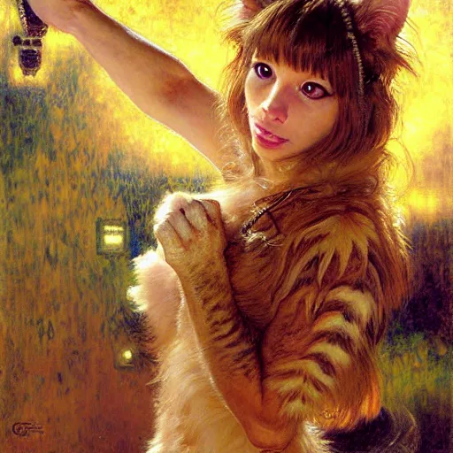 Image similar to portrait of a furry fluffy female tabby cat in a girl's clothes. shadowrun furaffiniy cyberpunk fantasy highly detailed painting by gaston bussiere craig mullins jc leyendecker gustav klimt artgerm greg rutkowski john berkey, bergey, craig mullins, ruan jia, raymond swanland, jeremy mann, tom lovell, alex malveda